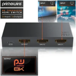 Primewire 8k HDMI Switch 2.1a, 2X Input HDMI Buchse, 1x Output, Verteiler, 7680 x 4320 UHD II (4320p) 60 Hz, HDR, 3D, CEC, HDCP 2.3, VRR, QFT, ALLM Clearance