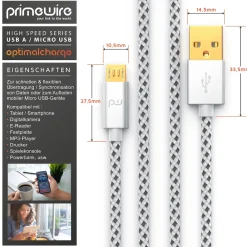 Premium Micro USB 2,4A Schnellladekabel - Nylonkabel Metallstecker - High Speed Ladekabel / Datenkabel - 2m ^ Primewire Outlet