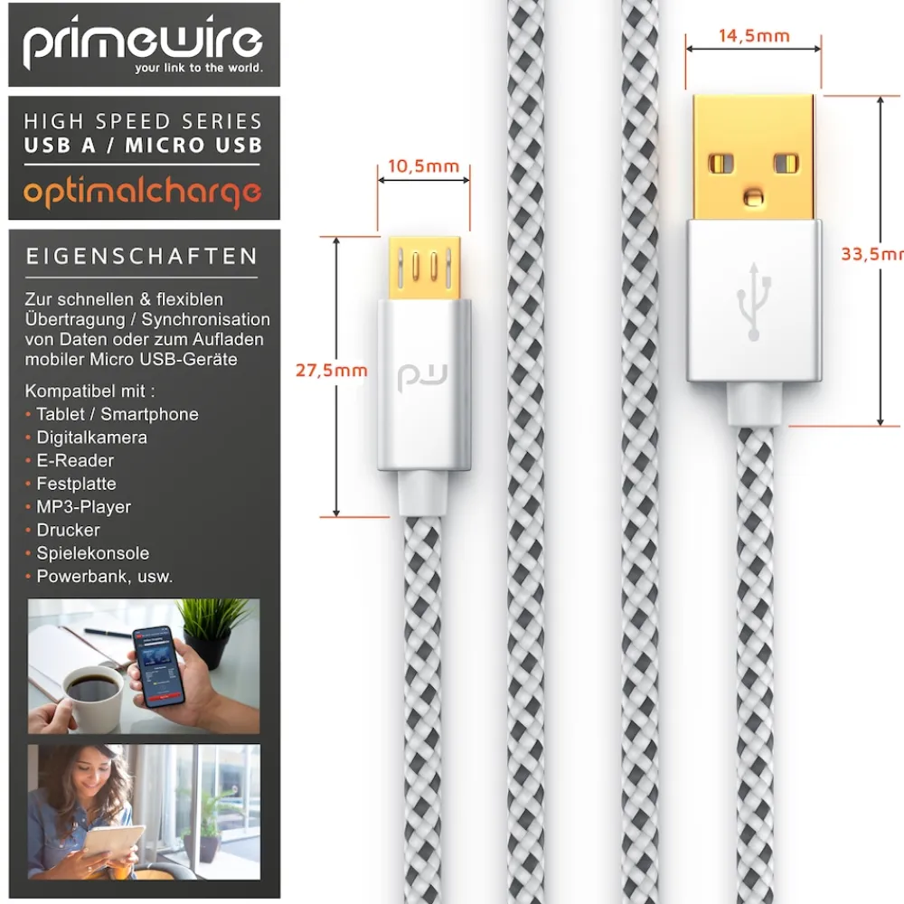 Premium Micro USB 2,4A Schnellladekabel - Nylonkabel Metallstecker - High Speed Ladekabel / Datenkabel - 2m ^ Primewire Outlet