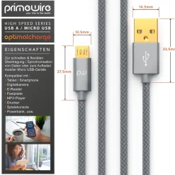 Primewire Premium Micro USB 2,4A Schnellladekabel - Nylonkabel Metallstecker - High Speed Ladekabel / Datenkabel - 5m Sale