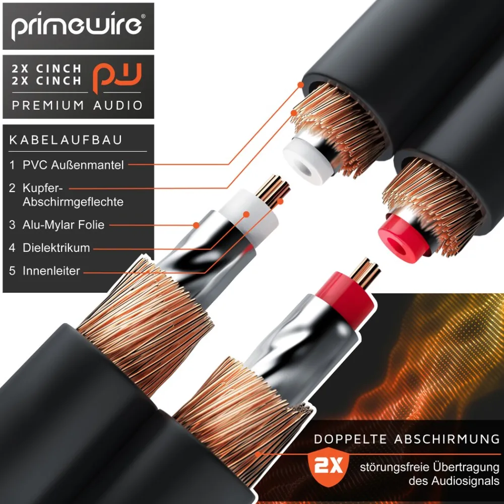 Primewire Stereo-Cinch Audio-Kabel, RCA, HiFi Audio-Kabel mehrfach geschirmt, 2x Cinch auf 2x Cinch - 7,5m Sale