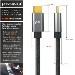 Primewire USB C 3.2 Kabel Gen 2x2-100W PowerDelivery Ladekabel - Datenkabel 20 Gbit/s - Schnellladekabel - USB 3.2 Gen2x2 - Nylonummantelung - 0,5m Discount