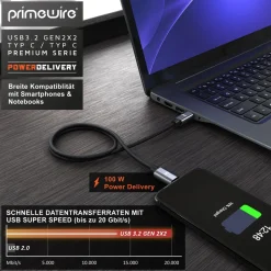 Primewire USB C 3.2 Kabel Gen 2x2-100W PowerDelivery Ladekabel - Datenkabel 20 Gbit/s - Schnellladekabel - USB 3.2 Gen2x2 - Nylonummantelung - 0,5m Discount