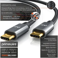 Primewire USB C 3.2 Kabel Gen 2x2-100W PowerDelivery Ladekabel - Datenkabel 20 Gbit/s - Schnellladekabel - USB 3.2 Gen2x2 - Nylonummantelung - 0,5m Discount