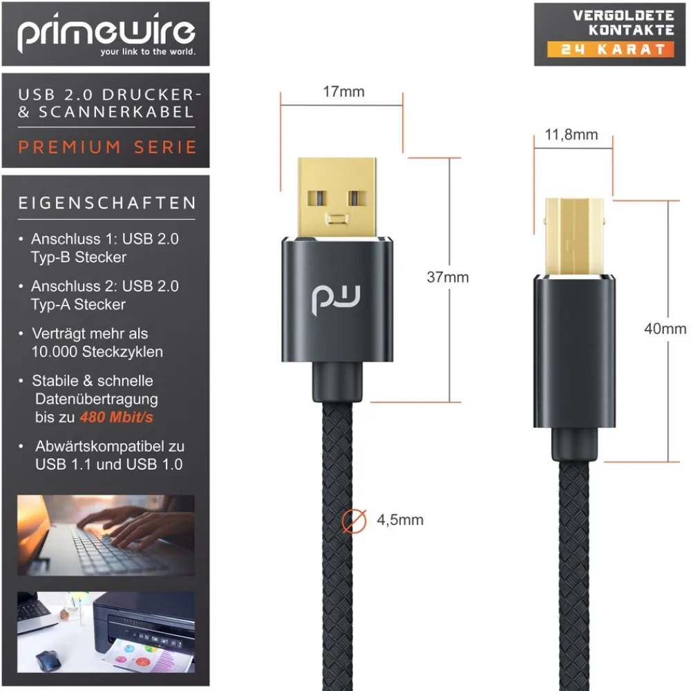 Primewire USB 2.0 Drucker / Scanner Kabel mit Nylonmantel - 1m Best