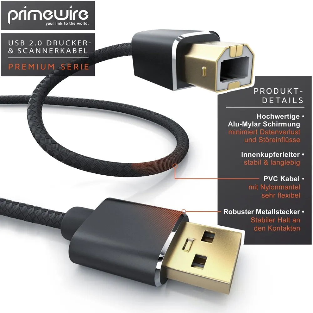 Primewire USB 2.0 Drucker / Scanner Kabel mit Nylonmantel - 1m Best