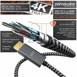 USB Typ C zu HDMI Konverterkabel Adapterkabel 4K 3840 x 2160 @ 60 Hz - 1m ^ Primewire New