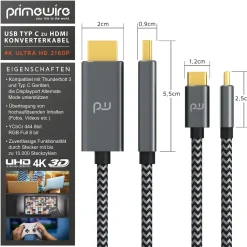 USB Typ C zu HDMI Konverterkabel Adapterkabel 4K 3840 x 2160 @ 60 Hz - 1m ^ Primewire New