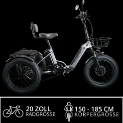 REMINGTON-Fahrrad Remington R100 E Bike Elektro Dreirad 20 Zoll Elektrodreirad mit 2 Akkus bis 120 km Pedelec City mit tiefem Einstieg klappbar schwarz/grau Best