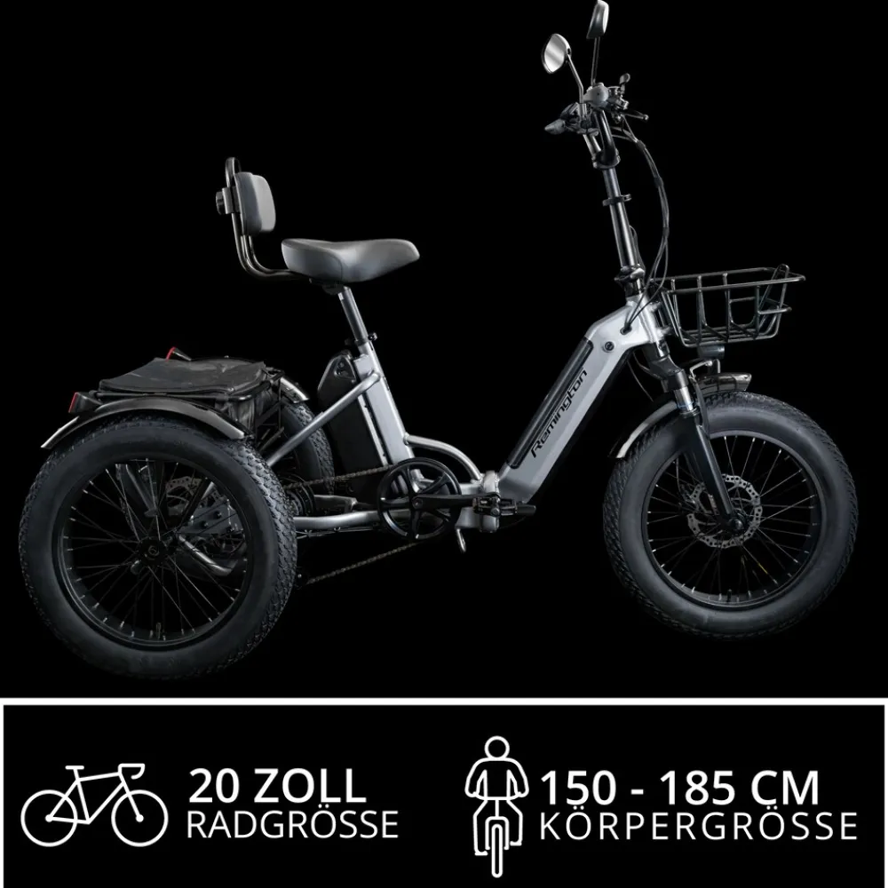REMINGTON-Fahrrad Remington R100 E Bike Elektro Dreirad 20 Zoll Elektrodreirad mit 2 Akkus bis 120 km Pedelec City mit tiefem Einstieg klappbar schwarz/grau Best