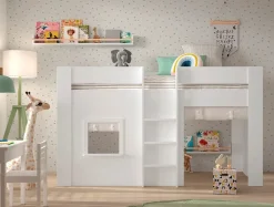 RENO halbhohes Spielbett 90 x 200 cm Liegefläche inkl. Vorhang Set, Creme-Weiß ^ vipack Online