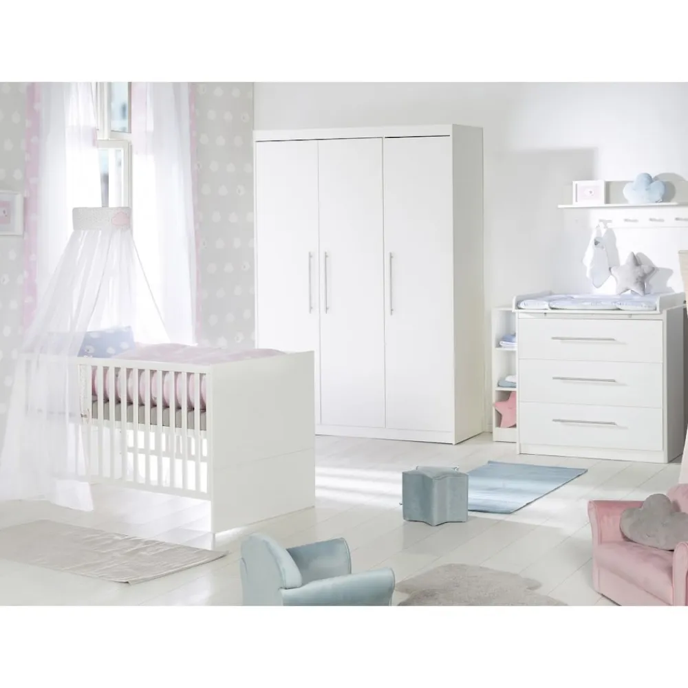 Roba Kinderzimmerset 'Maren', inkl. Kombi-Bett ca. 70 x 140 cm, Wickelkommode schmal & Schrank 3-türig, Weiß