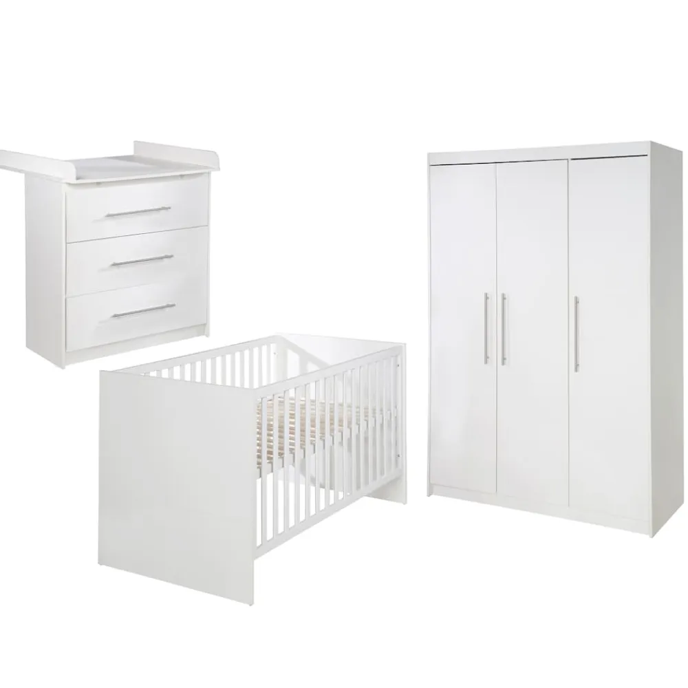 Roba Kinderzimmerset 'Maren', inkl. Kombi-Bett ca. 70 x 140 cm, Wickelkommode schmal & Schrank 3-türig, Weiß