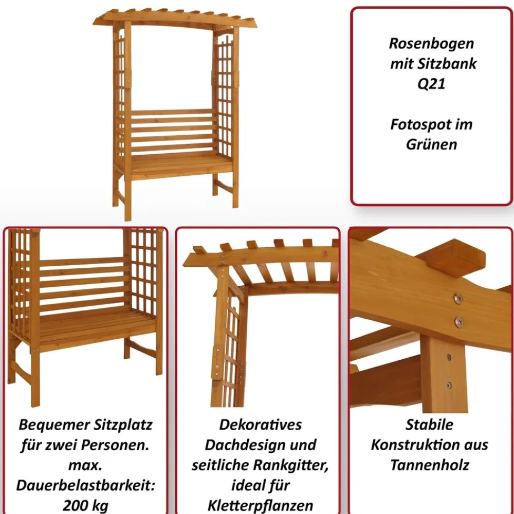 Rosenbogen mit Sitzbank -Q21, Gartenbogen Rankhilfe Bank Gartenbank Holz MVG-zertifiziert 201x160x60cm ~ natur ^ MCW Outlet