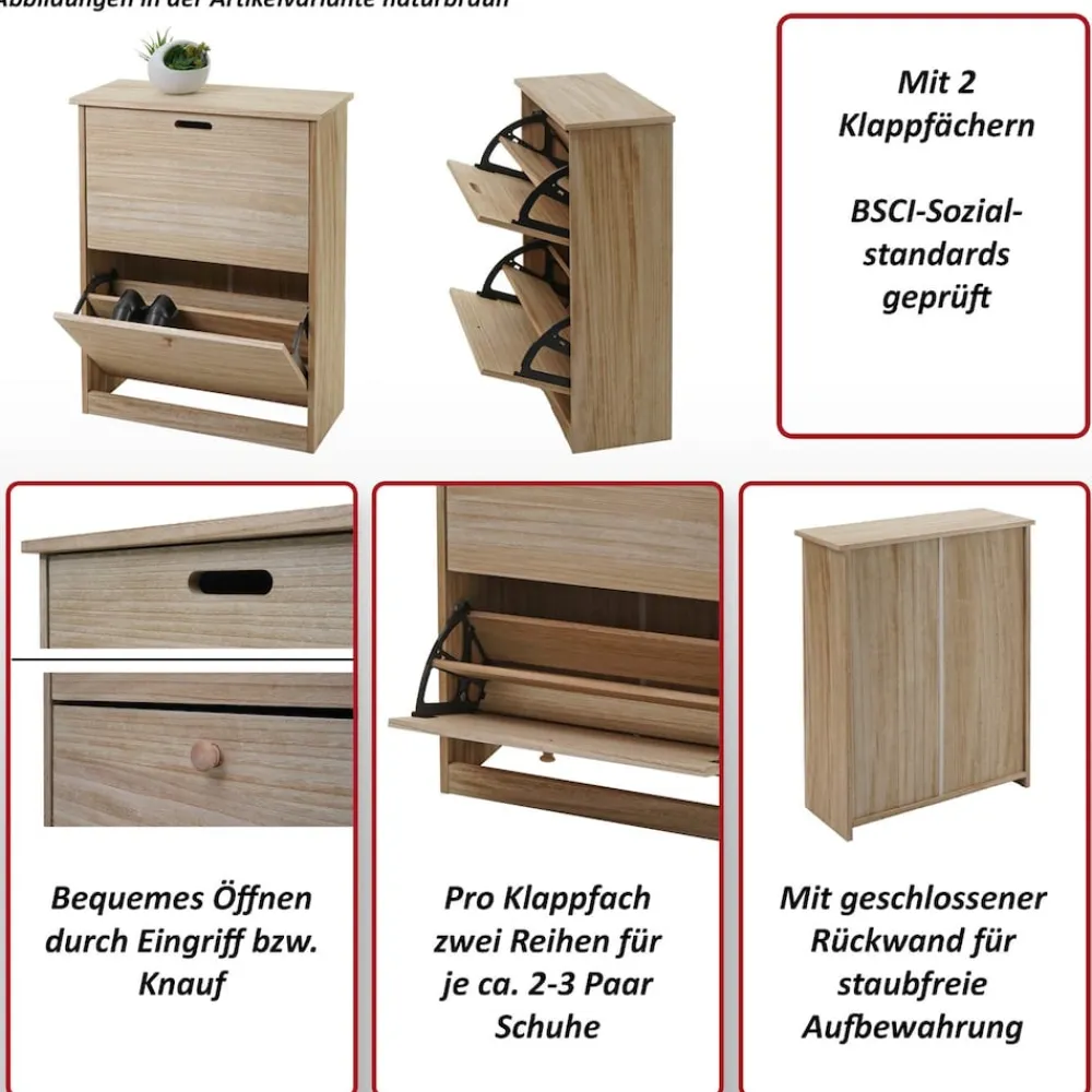Schuhkipper -K45, Schuhschrank Schuhregal, 81x60x25cm 2 Klappen, MDF aus Paulownia ~ grau-braun ^ MCW Clearance