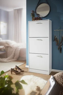 Finebuy Schuhkipper mit 3 Fächern für 18 Paar Schuhe Schuhkommode Schuhschrank Holz Weiß Hot