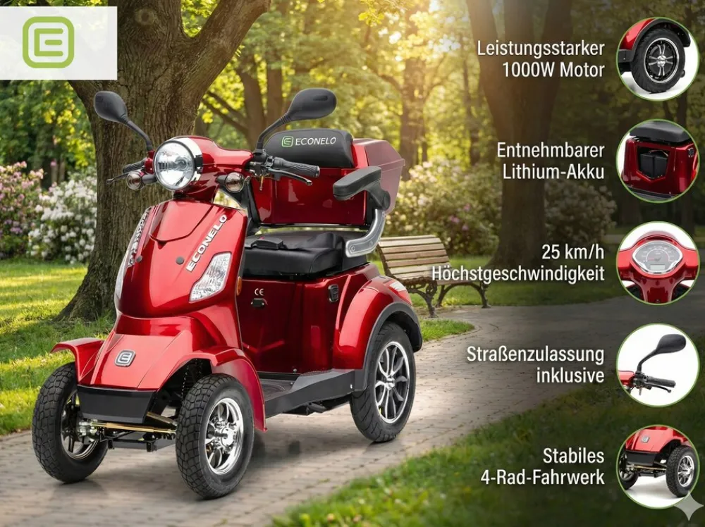 ECONELO Seniorenmobil P4000, Blei-Akku, 25 km/h, 1000 Watt, Rot