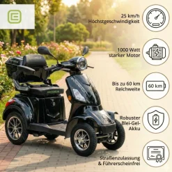 Seniorenmobil P4000, Blei-Akku, 25 km/h, 1000 Watt, Schwarz ^ ECONELO Outlet