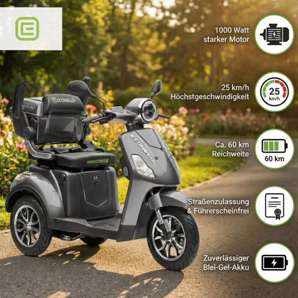 ECONELO Seniorenmobil P1000, Lithium-Akku, 25 km/h, 1000 Watt, Grau New