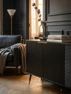 Sideboard – Schwarz/Eiche-Dekor, 120x80x40cm, mit Türen und Schubladen, Metallbeine ^ KADIMA DESIGN Best