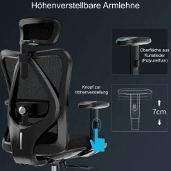 Bürostuhl Schreibtischstuhl, ergonomisch, verstellbare Lordosenstütze, 150kg belastbar ~ ohne Fußstütze, grau ^ SIHOO Best