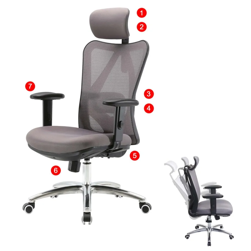 Bürostuhl Schreibtischstuhl, ergonomisch, verstellbare Lordosenstütze, 150kg belastbar ~ ohne Fußstütze, grau ^ SIHOO Best