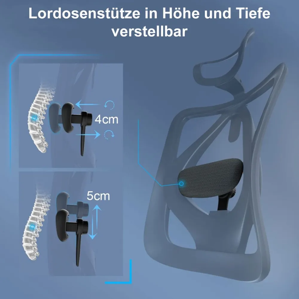 Bürostuhl Schreibtischstuhl, ergonomisch, verstellbare Lordosenstütze, 150kg belastbar ~ ohne Fußstütze, grau ^ SIHOO Best
