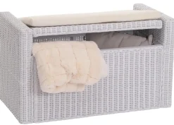 Sitzbank Genua Garderobenbank Bank Sitzhocker, mit Stauraum Kissen Kubu Rattan 88cm ~ weiß ^ MCW Online
