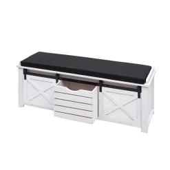 MCW Sitzbank mit Staufächern -H53, Polsterbank Sitz-Kommode, Shabby-Look Massiv-Holz Metall Stoff 43x102x33cm ~ weiß New