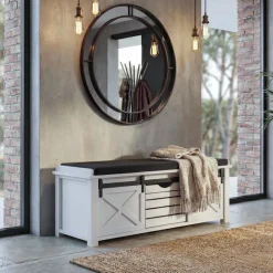MCW Sitzbank mit Staufächern -H53, Polsterbank Sitz-Kommode, Shabby-Look Massiv-Holz Metall Stoff 43x102x33cm ~ weiß New
