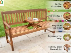2-Sitzer Gartenbank mit Klapptisch aus Akazienholz FSC, 153x57x88 cm ^ Prestige Home Living Outdoor Outlet