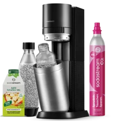 Wassersprudler DUO mit Apfelschorle Sirup Mix | inkl. 1x 1L Glasflasche, 1x 1L Kunststoffflasche + Quick-Connect CO2-Zylinder | Farbe: Titan ^ Sodastream Best