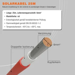 Diverse Solarkabel 6mm² rot 25m H1Z2Z2-K Solarleitung für Photovoltaik & Solaranlagen Hot