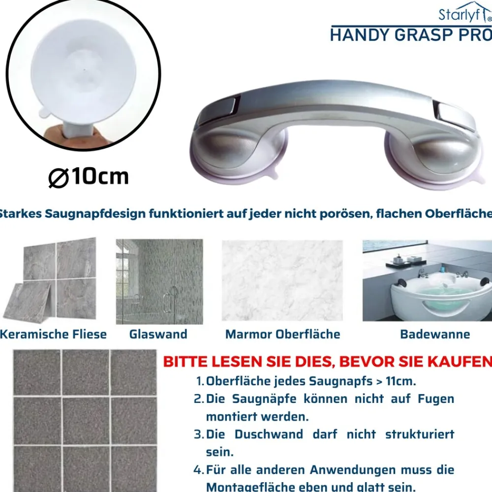 ® Haltegriff für Dusche oder Badewanne - Sauggriff Handy Grasp Pro ^ Starlyf Best
