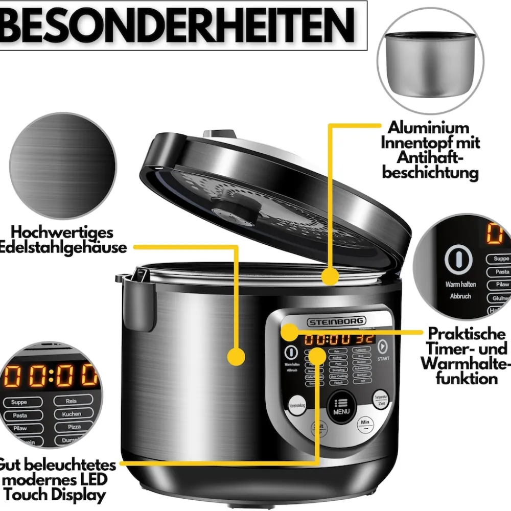 digitaler Multikocher 5L Edelstahl 900W inkl. Rezeptbuch ^ Steinborg Discount