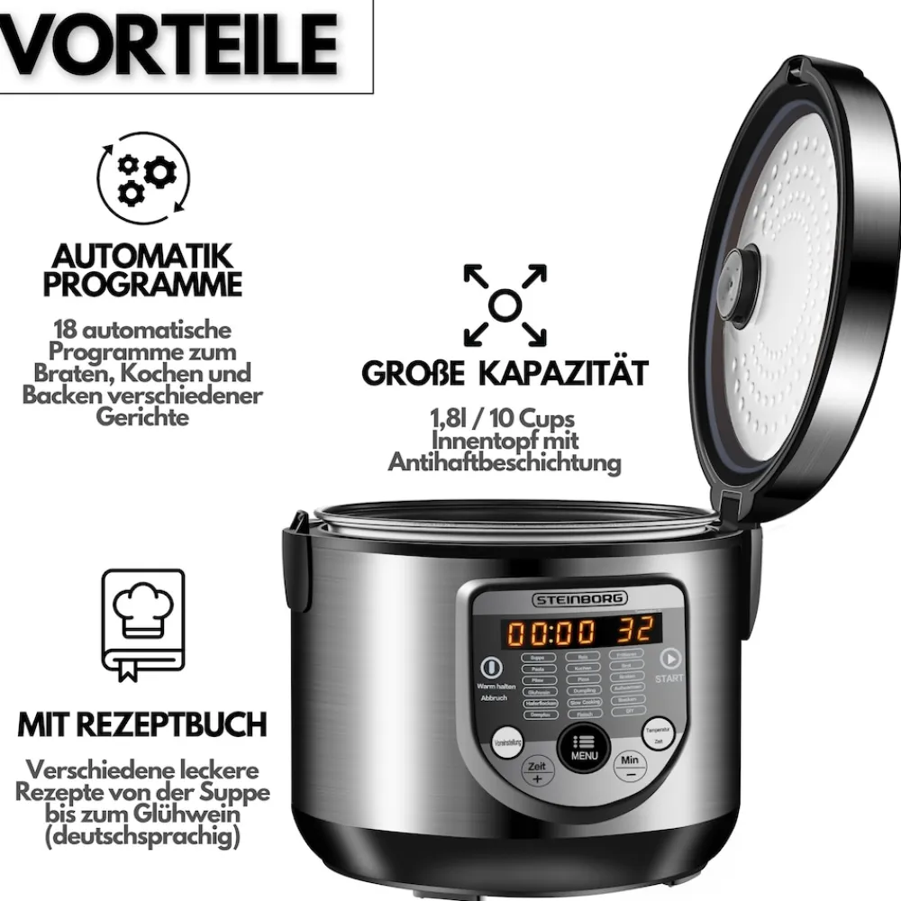 digitaler Multikocher 5L Edelstahl 900W inkl. Rezeptbuch ^ Steinborg Discount