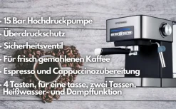 Espressomaschine 15 Bar Edelstahl Dampfausstoßregler 850W ^ Steinborg Best