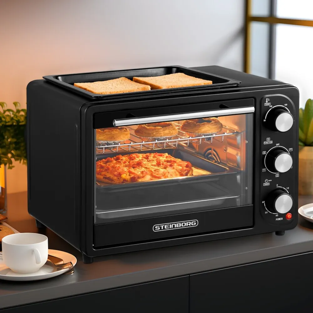 3in1 Minibackofen 20L mit Grillplatte Umluft 1300W schwarz ^ Steinborg New