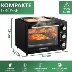 3in1 Minibackofen 20L mit Grillplatte Umluft 1300W schwarz ^ Steinborg New
