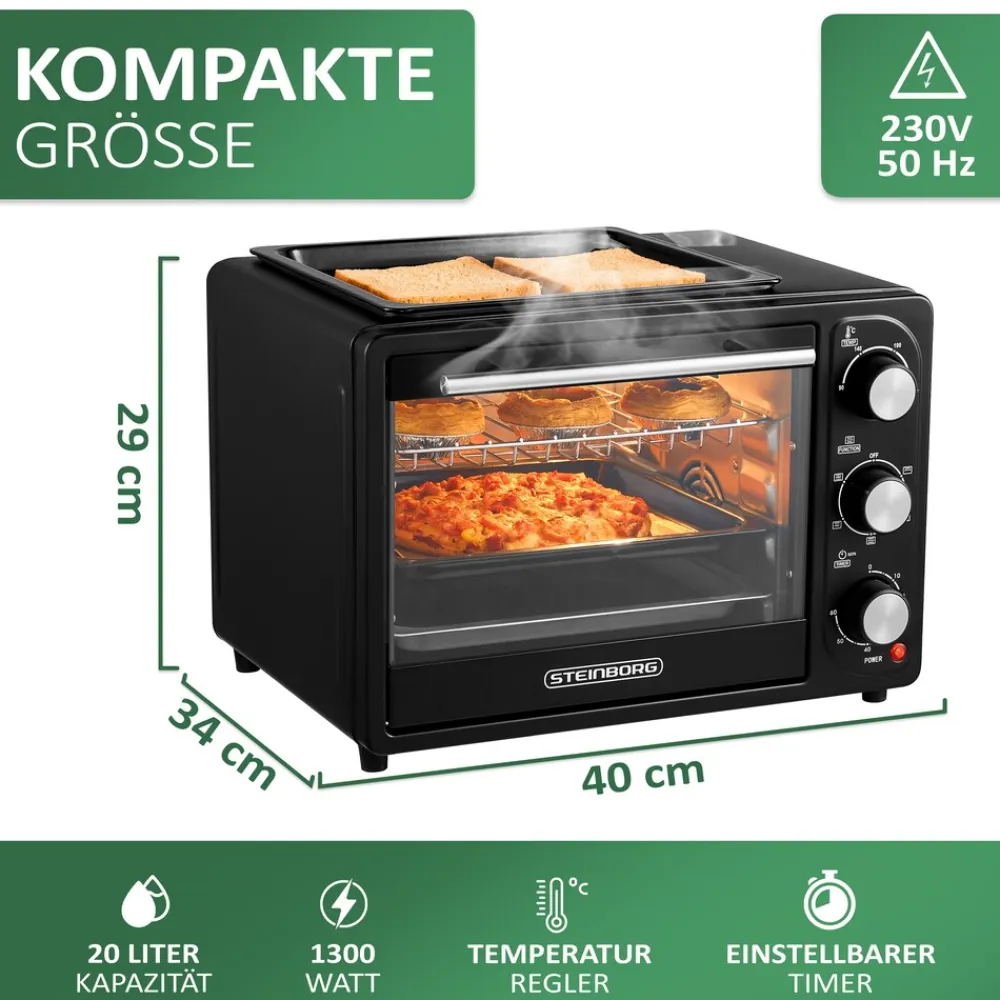 3in1 Minibackofen 20L mit Grillplatte Umluft 1300W schwarz ^ Steinborg New