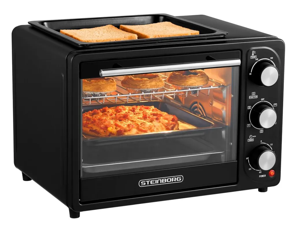 3in1 Minibackofen 20L mit Grillplatte Umluft 1300W schwarz ^ Steinborg New