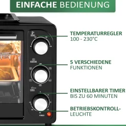 3in1 Minibackofen 20L mit Grillplatte Umluft 1300W schwarz ^ Steinborg New