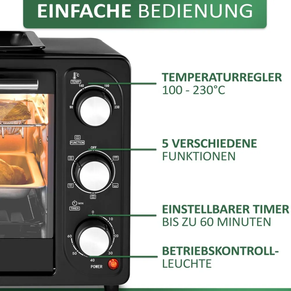3in1 Minibackofen 20L mit Grillplatte Umluft 1300W schwarz ^ Steinborg New