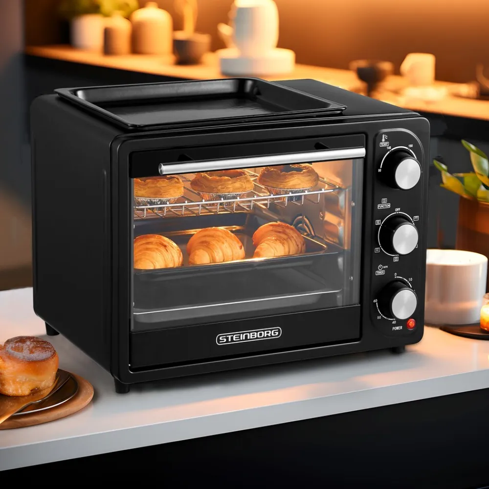 3in1 Minibackofen 20L mit Grillplatte Umluft 1300W schwarz ^ Steinborg New