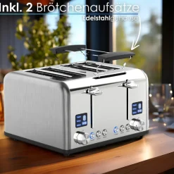 4 Scheiben Edelstahl Toaster mit Brötchenaufsatz 1630W ^ Steinborg Outlet