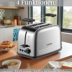 Steinborg 2 Scheiben Edelstahl Toaster mit Brötchenaufsatz Krümelschublade 850W Sale