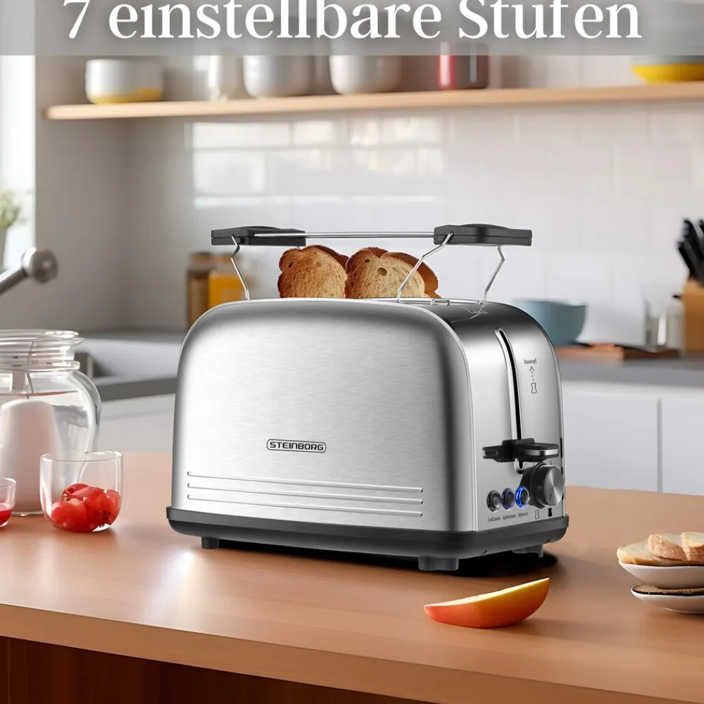 Steinborg 2 Scheiben Edelstahl Toaster mit Brötchenaufsatz Krümelschublade 850W Sale