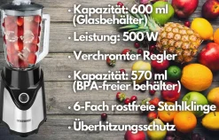 Standmixer mit To-Go Becher + Glaskrug BPA-frei 500W ^ Steinborg