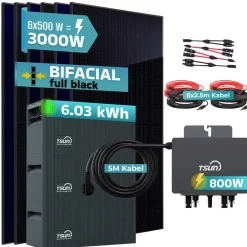® 3000W Balkonkraftwerk mit 6,03 kWh Speicher TSUN SOLARCAN  TSOL-DCU2000Lite, BIFAZIAL FULLBLACK komplett Steckdose, PV Solaranlage Komplettset mit Solarspeicher, 6x 500W Glas-Bifacial ^ SUNNIVA Best