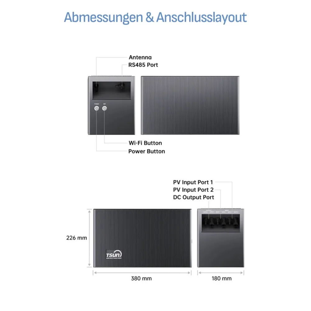 ® 1000W Balkonkraftwerk mit 2,01 kWh Speicher TSUN SOLARCAN TSOL-DCU2000Lite, BIFAZIAL FULLBLACK komplett Steckdose, PV Solaranlage Komplettset mit Solarspeicher, 2x 500W Glas-Bifacial ^ SUNNIVA Online